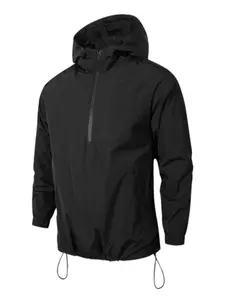 Men's Solid Color Drawstring Half Zip Hooded Jacket, Casual Long Sleeve Windproof Waterproof Pullover for Spring & Fall, Fashion Men's Clothing for Daily Wear