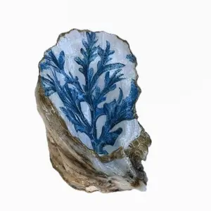 Blue + White Coral with Gold Metallic Oyster Trinket Dish | Coastal Decor | Beach and Ocean themed Jewelry Holder | Handmade Florida Keys Shell Art