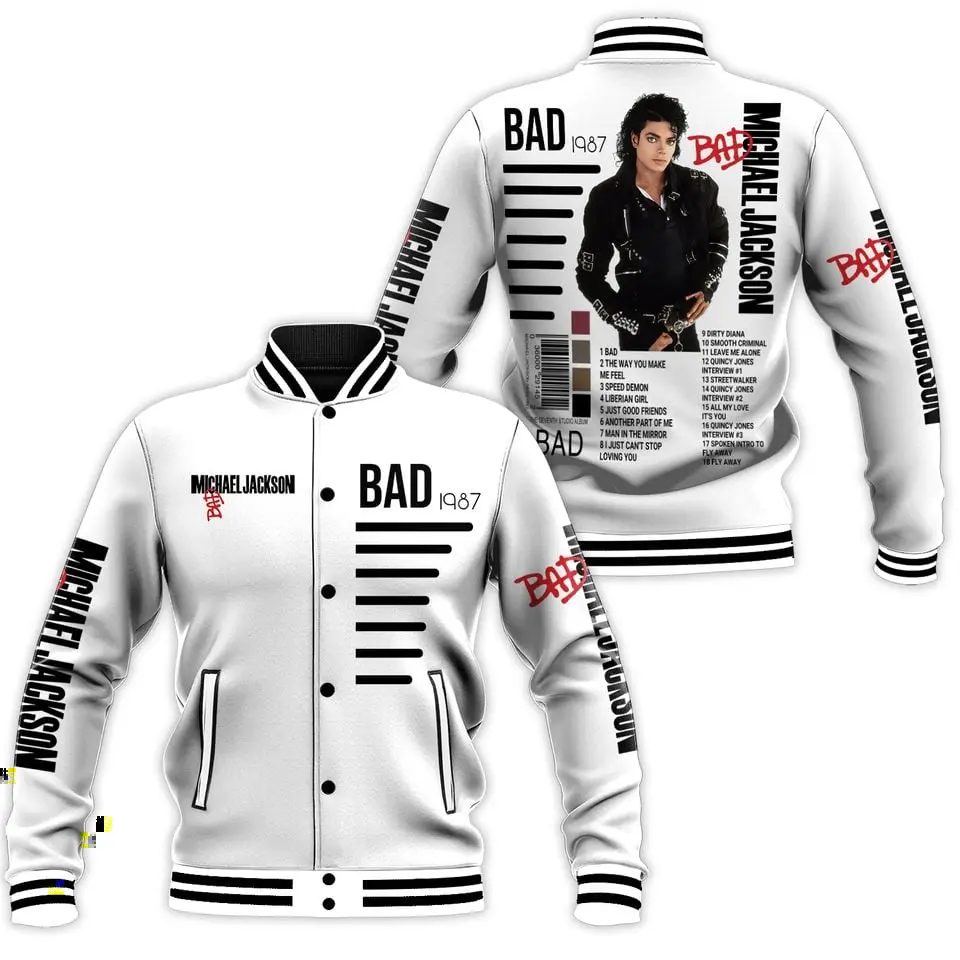 Jackson Bad Moonwalker King of Pop Printed Baseball Jacket, Unisex Varsity Baseball Jacket, Casual Sport Streetwear Coat
