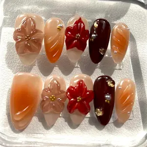 [10Pce] Acrylic Almond Shape 3D  Reusable Handmade Press-On Nails -, Natural Finish, Durable & Elegant Design (2025 Edition), Ideal for Everyday Office Weart