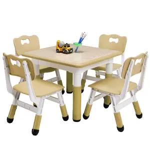 Kids Table and 4 Chairs Set, Toddler Height Adjustable Desk with Graffiti Desktop, Arts & Crafts Table With 4 Seats, Non-Slip Legs, Max 300lbs, Suitable for Kids Table and Chairs Ages 2-10, Natural