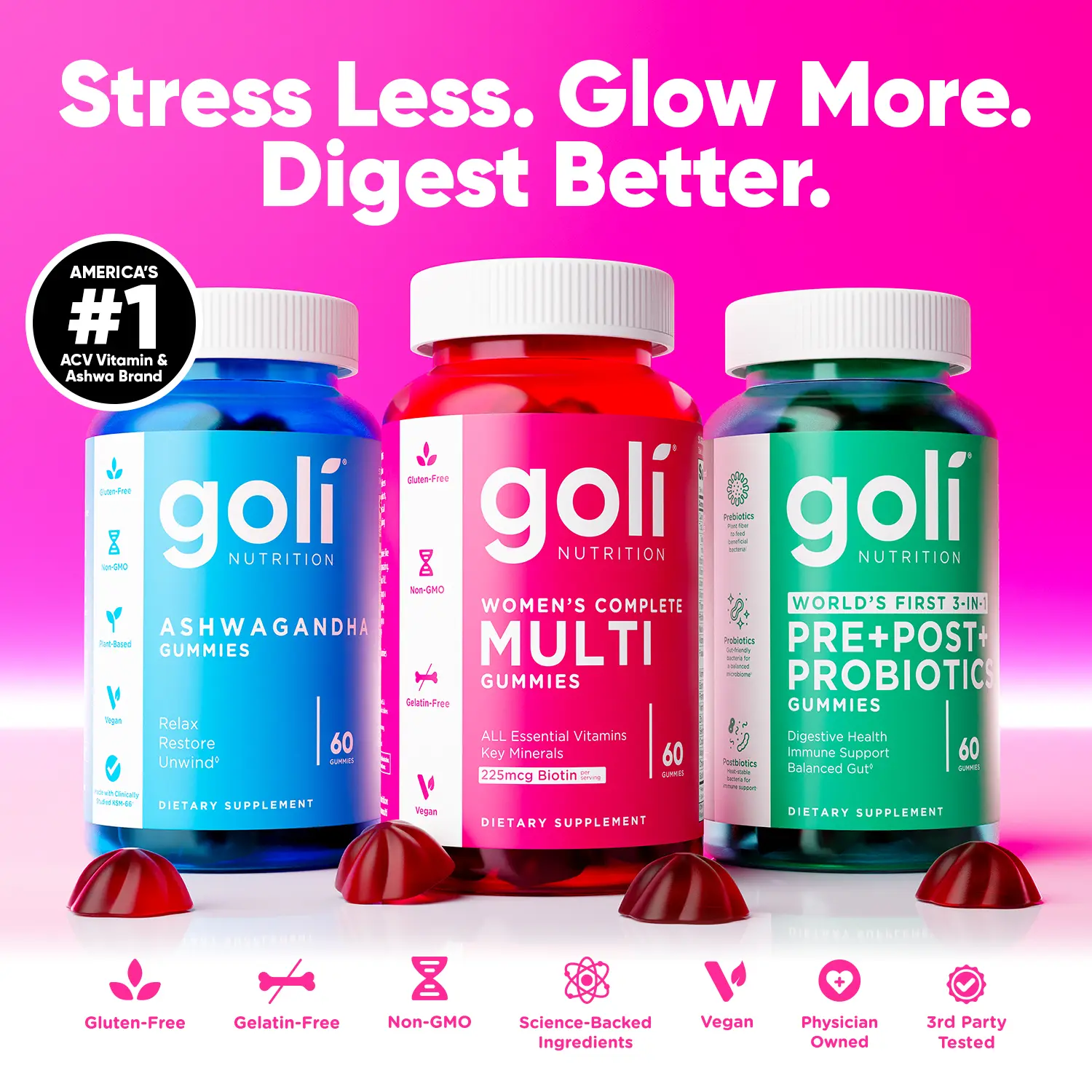 Stress Less, Glow More, Digest Better Bundle - World's First 3-in-1 Pre, Post, Probiotic, Women's Complete Multi All 13 Essential Vitamins, Ashwagandha & Vitamin D Gummies, Vegan, Non-GMO & Gelatin-Free