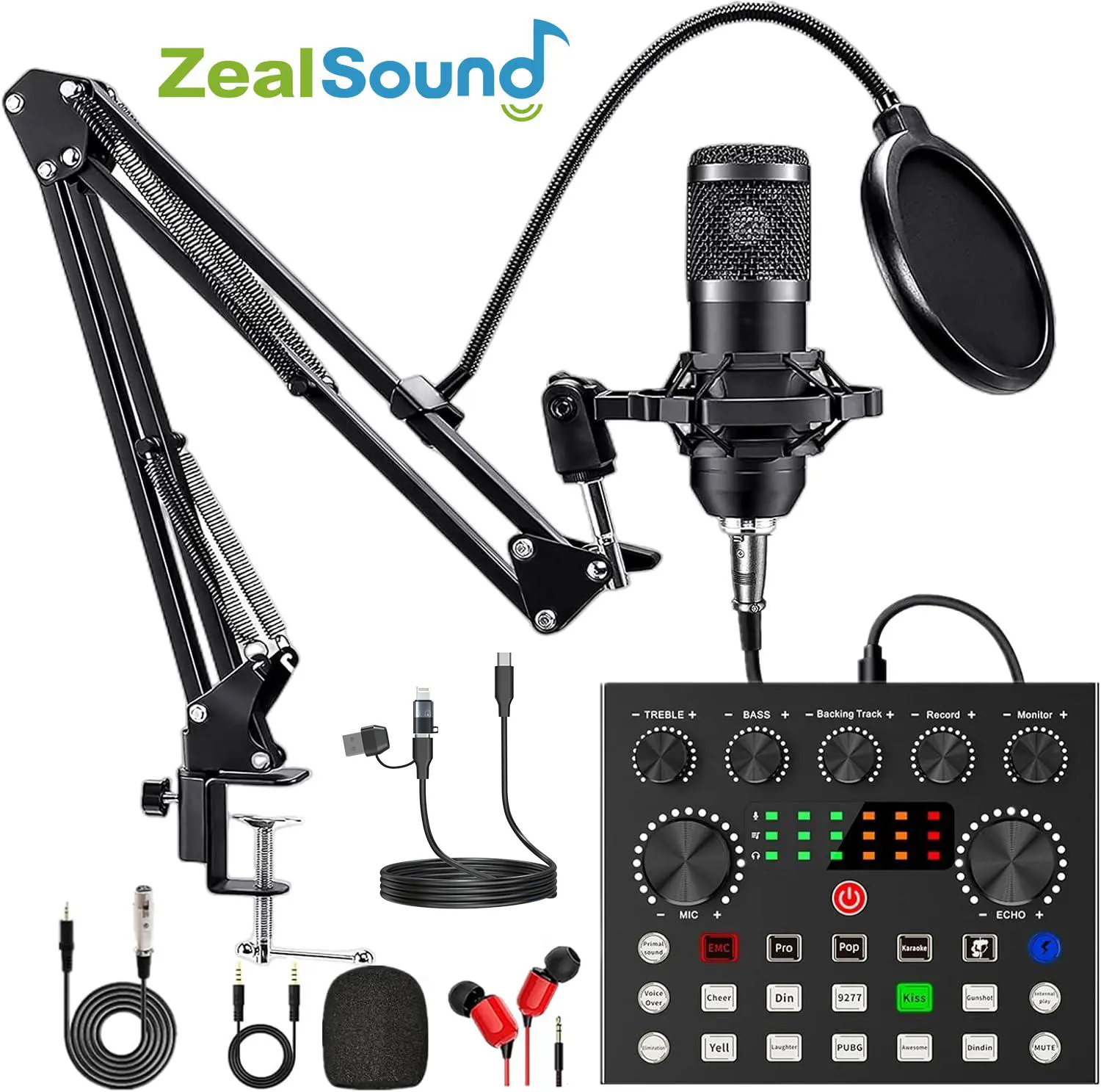 ZealSound V8S Podcast Equipment Set for iphone, laptop, PC, Mobile, Tablet, phones, ipad, USB-C Audio Interface, Live Streaming Microphone, Sound Card, Headphones, Voice Changer, Lightning Adapter, Studio Monitor for TikTok, YouTube, Twitch Cable