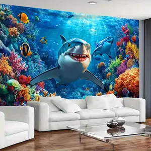 1pc 3D Ocean World Shark & Tropical Fish Wall Tapestry - Vibrant Underwater Scene with Coral Reefs, Sea Creatures, and Colorful Fish, Perfect for Living Room Decor, Indoor Wall Hanging Art, Horizontal Fabric Design, Home Relaxation |     Oceanic Theme |