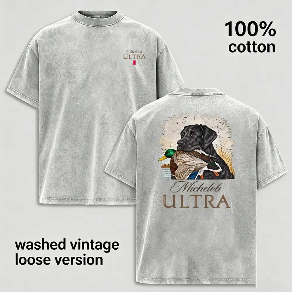 Vintage Duck Hunting Dog Graphic T-Shirt for Men, Washed 100% Cotton Oversized Tee, Retriever Duck Hunt Print Shirt, Outdoor Sportsman Graphic Tee, Hunting Lifestyle Streetwear, Loose Fit Crewneck Casual Unisex Gift
