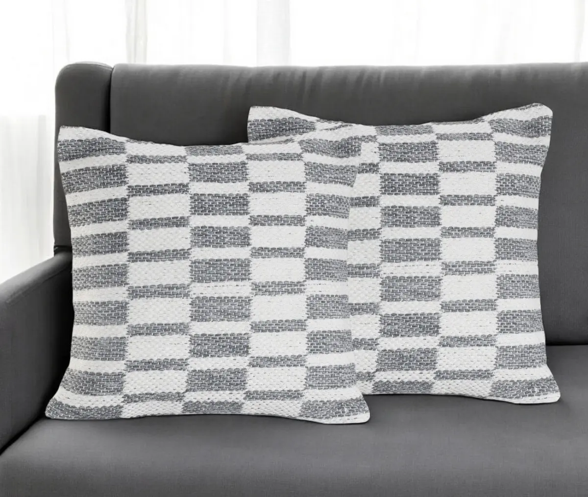 HomeRoots 554597 Standard Size Handwoven 18 in. Gray Geometric 100% Cotton Fabric Cushions - Set of 2, Zippered Removable Cover, Durable