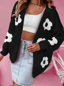 Women's Floral Pattern Open Front Cardigan, Casual Long Sleeve Drop Shoulder Sweater Knitwear, Perfect for Autumn & Winter Fashion