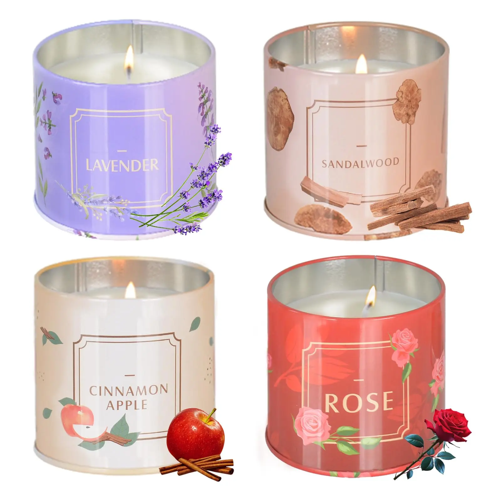 Scented Candles Set, 4 X 7 Oz Cinnamon Apple, Sandalwood, Rose, Lavender Candles for Home, 200-Hour Long-Lasting Burn Time, Aromatherapy Candle Gift Set for Women, Perfect for Birthday Christmas Gifts