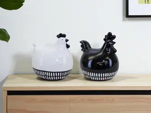 212 MAIN Set of 2 Black & White Ceramic Chicken Sculpture Ornaments - Country Vibe Terracotta Decorative Figurines with Fine Detail, Traditional Home Decor, Ideal Gift for Home Supplies