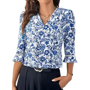 Women's 3/4 Sleeve Tops Dressy Casual Pleated V Neck Business Work Blouses Office Shirts