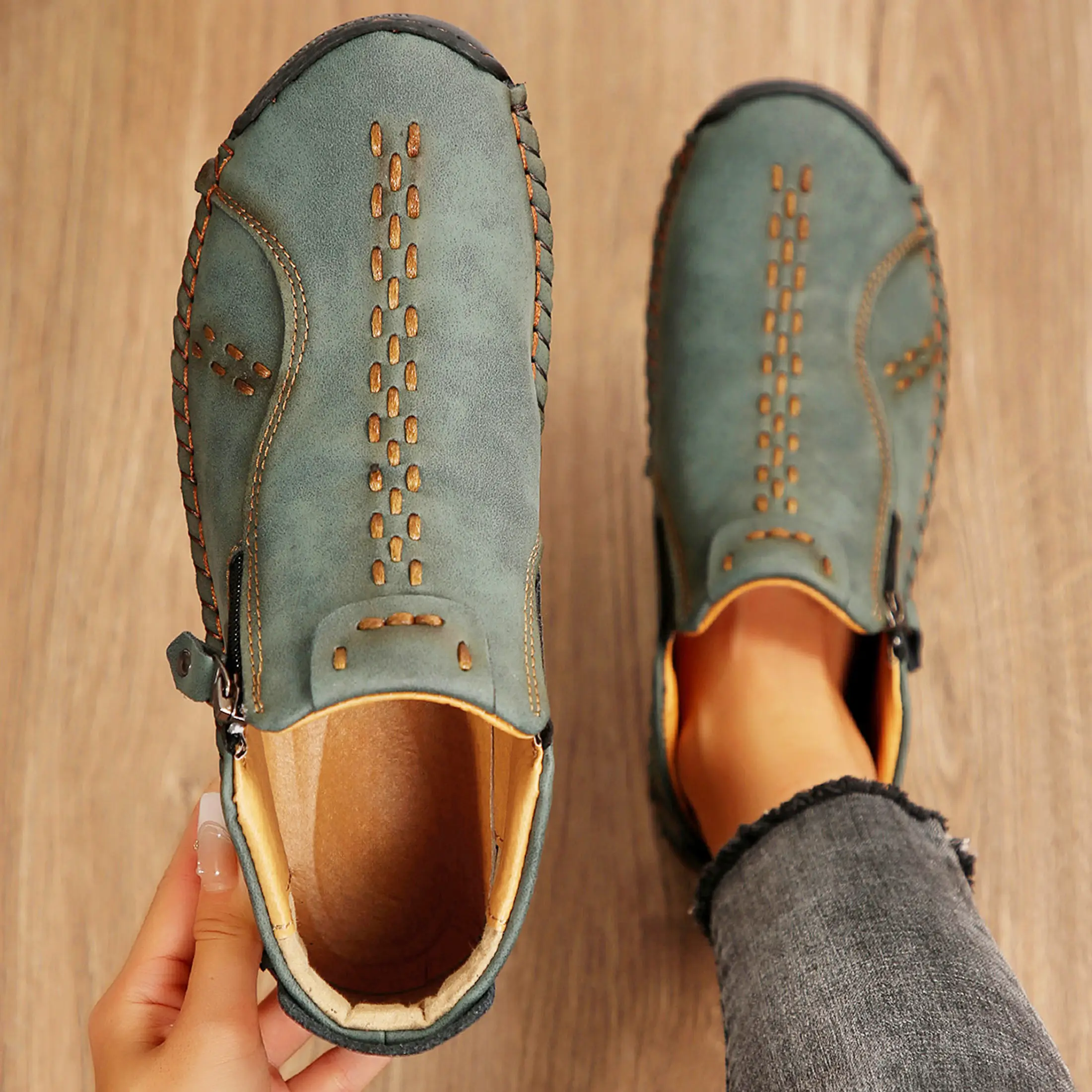 Women's Short Boots Fashion Side Zipper Design Classic Workwear Style Slip Resistant Durable Casual Boots. Girl Walking Shoes Comfort Dark Green