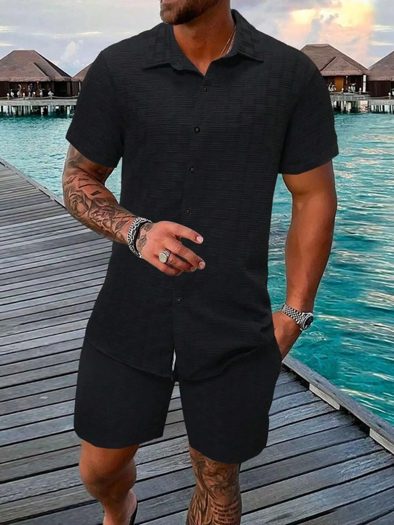 Men's 2-Piece Streetwear Set, a Casual Textured Basketweave Knit Short Sleeve Top with Relaxed Fit Shorts, Shortsleeve, Clothes, Street Style, Fashion, Stylish, Chic, Machine Wash, Polyester, Fabric, Basics, Menswear, Short Sleeves