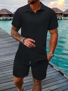 Aesthetic-Driven Textured Modern 2-Piece Set Mens Fashion-Forward Casual Outfit with Clean Basketweave Detail, Textured Knit Fabric & Relaxed Shorts for High Street Fashion