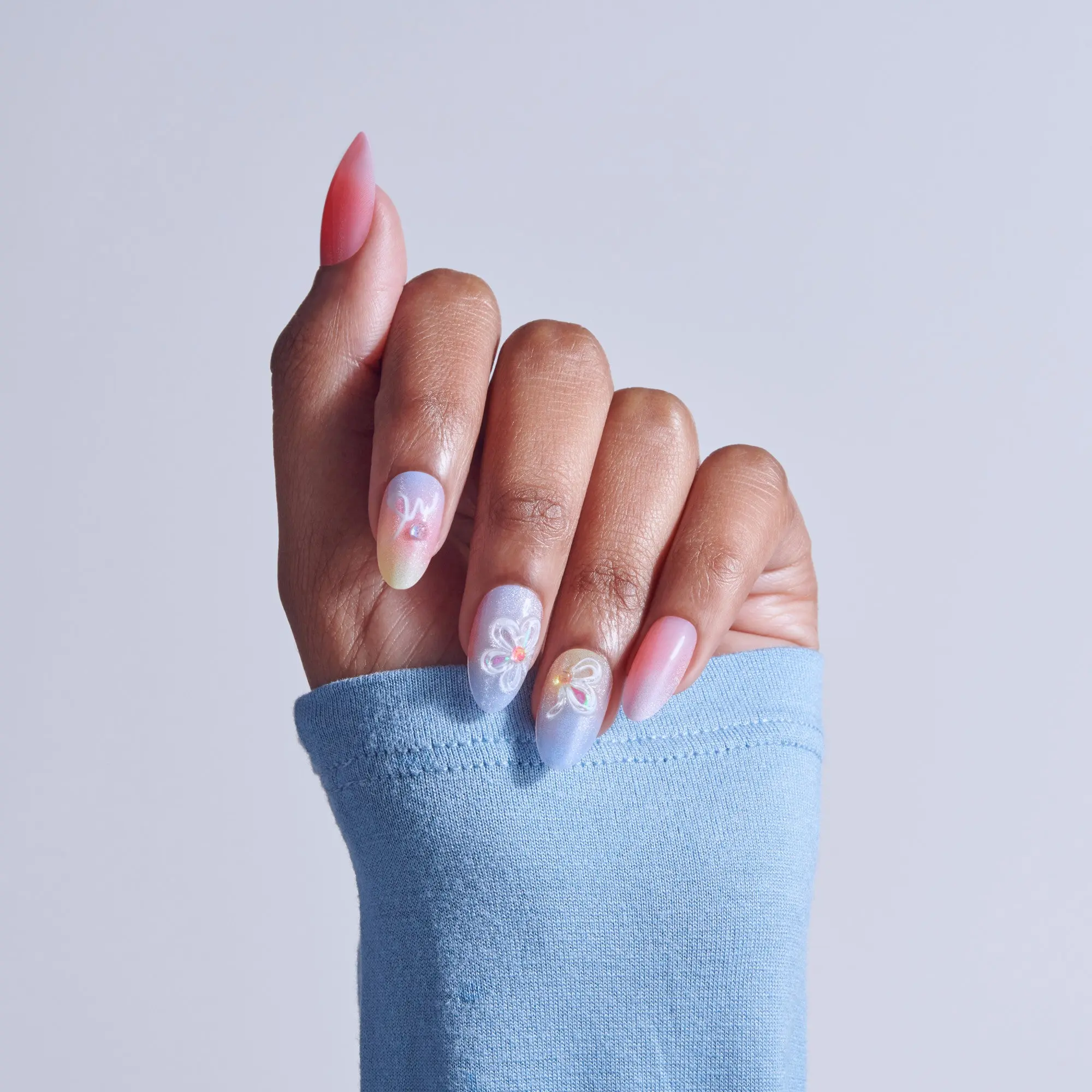 Kiss Nail Drip Press On Fake Glue Nails - Merry Sky | 3D & Jewel Design, Multicolor, Medium, Almond