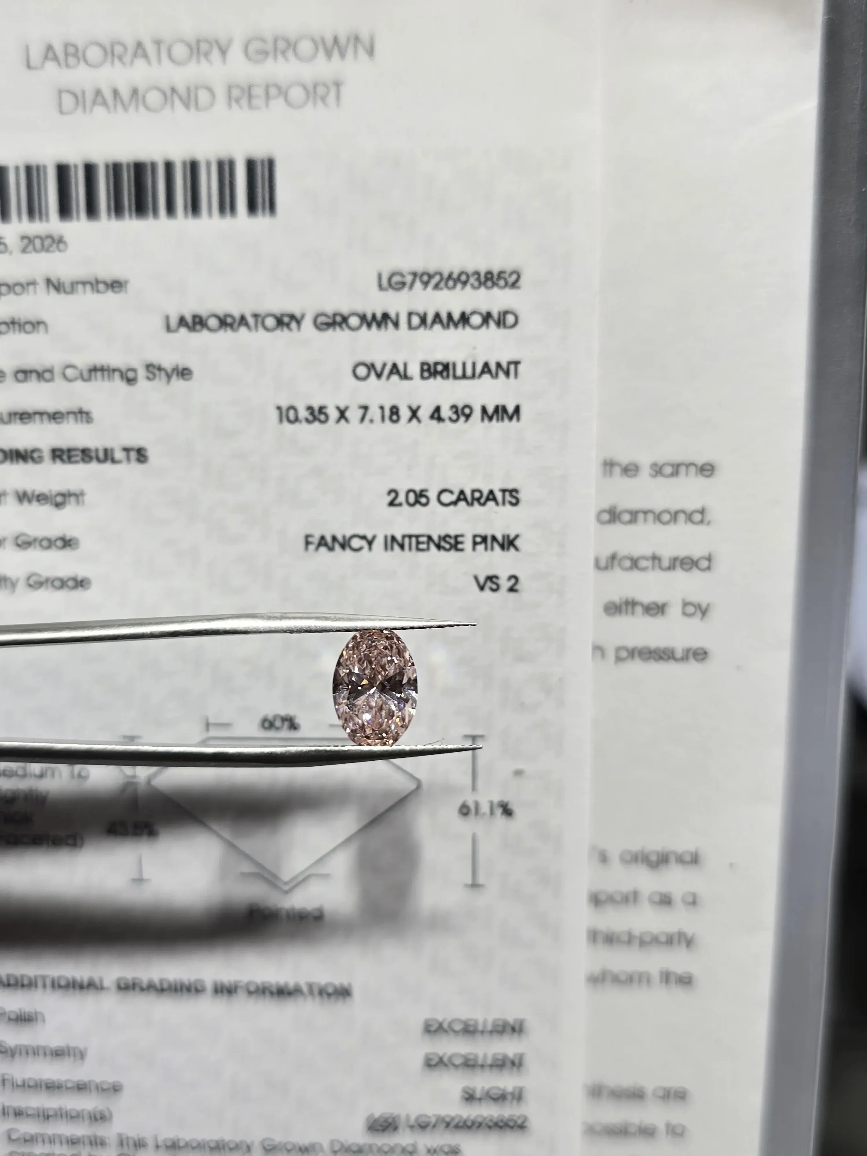 2.05ct Oval Lab Grown Diamond (Colour Fancy Intense Pink, Clarity VS2, IGI Certified)