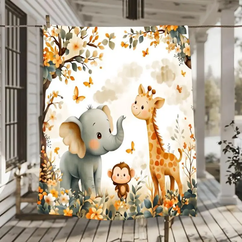 Versatile Comfortable Flannel Blanket with Elephant Monkey and Giraffe Motif, Soft Warm Lightweight Throw Suitable for Sofa Bed Car Office Camping, All-Season Safari Animal Bedding Gift