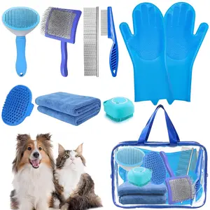 8PCS Pet Grooming Kit with Slicker Brush, Towel, Washing Gloves, Slicker Comb, Shampoo Scrubber for Small and Large Dogs and Cats(Blue)