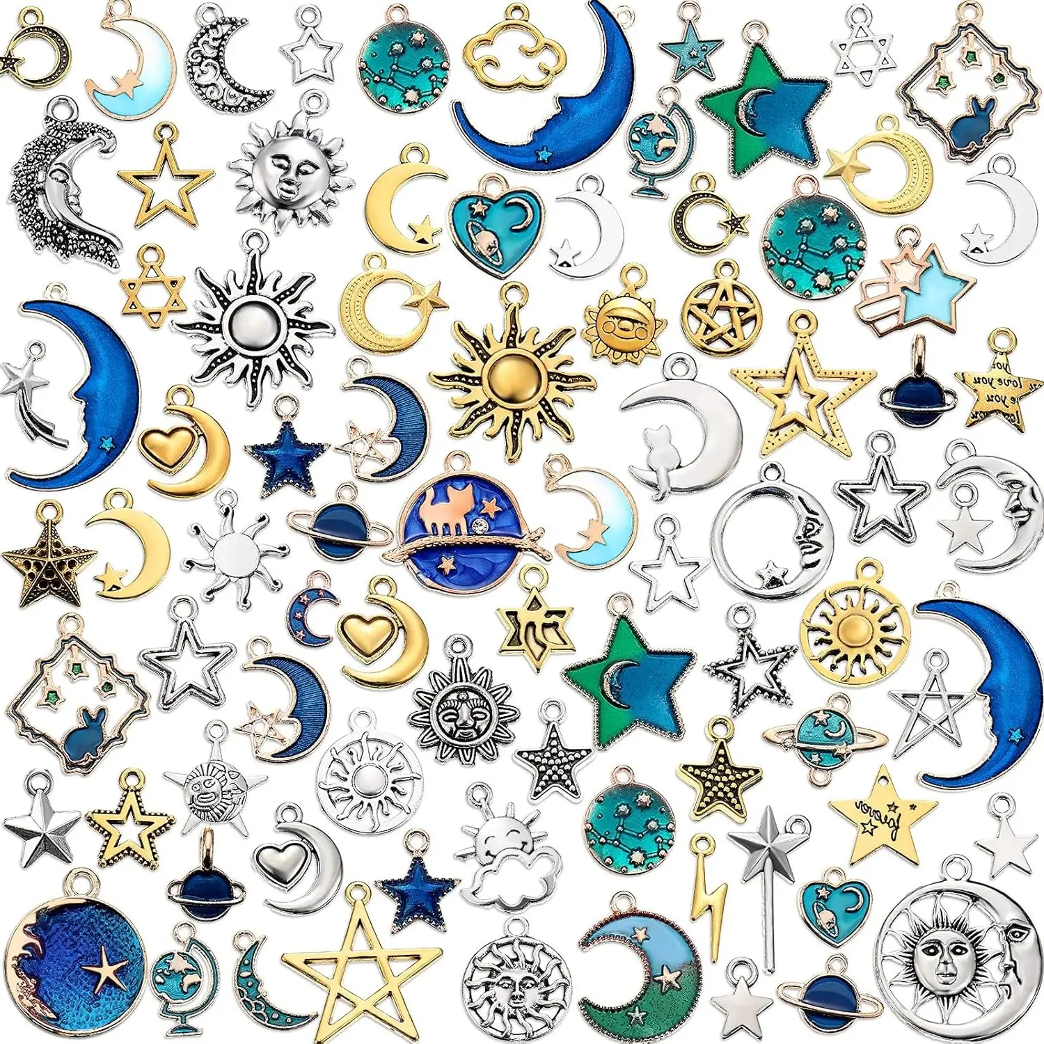 X-BY112  160 Pcs Bracelet Charms, Mixed Antique Sun Star Moon Charm Pendant Plated Enamel Celestial Charm for Jewelry Making