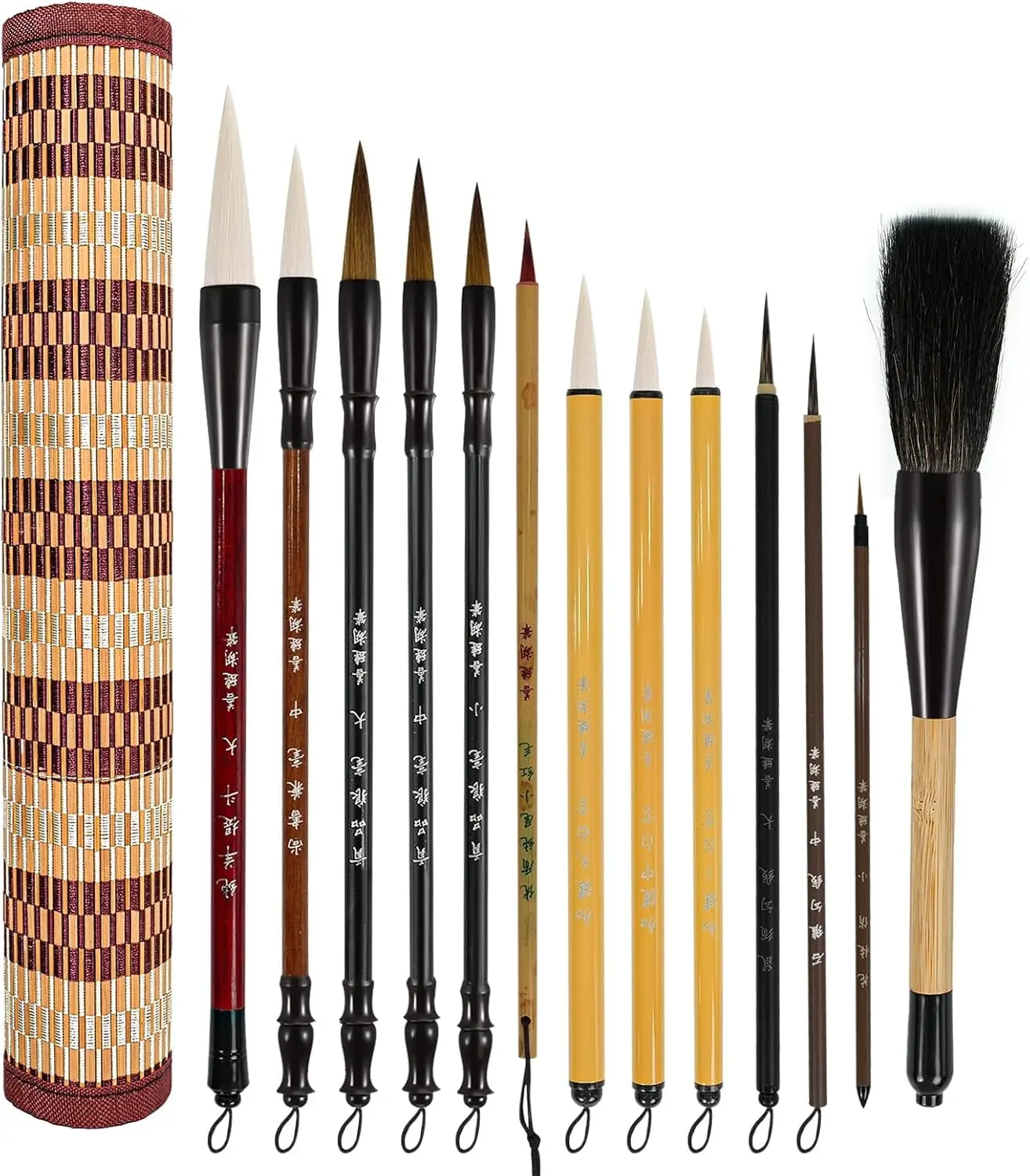 Chinese Calligraphy Brush Set with Roll-Up Bamboo Holder-13 Pieces | Sumi Chinese Watercolor Japanese Kanji Writing Brushes, Ink Painting, Goat Hair Tips, Professional Beginner Artist Kit
