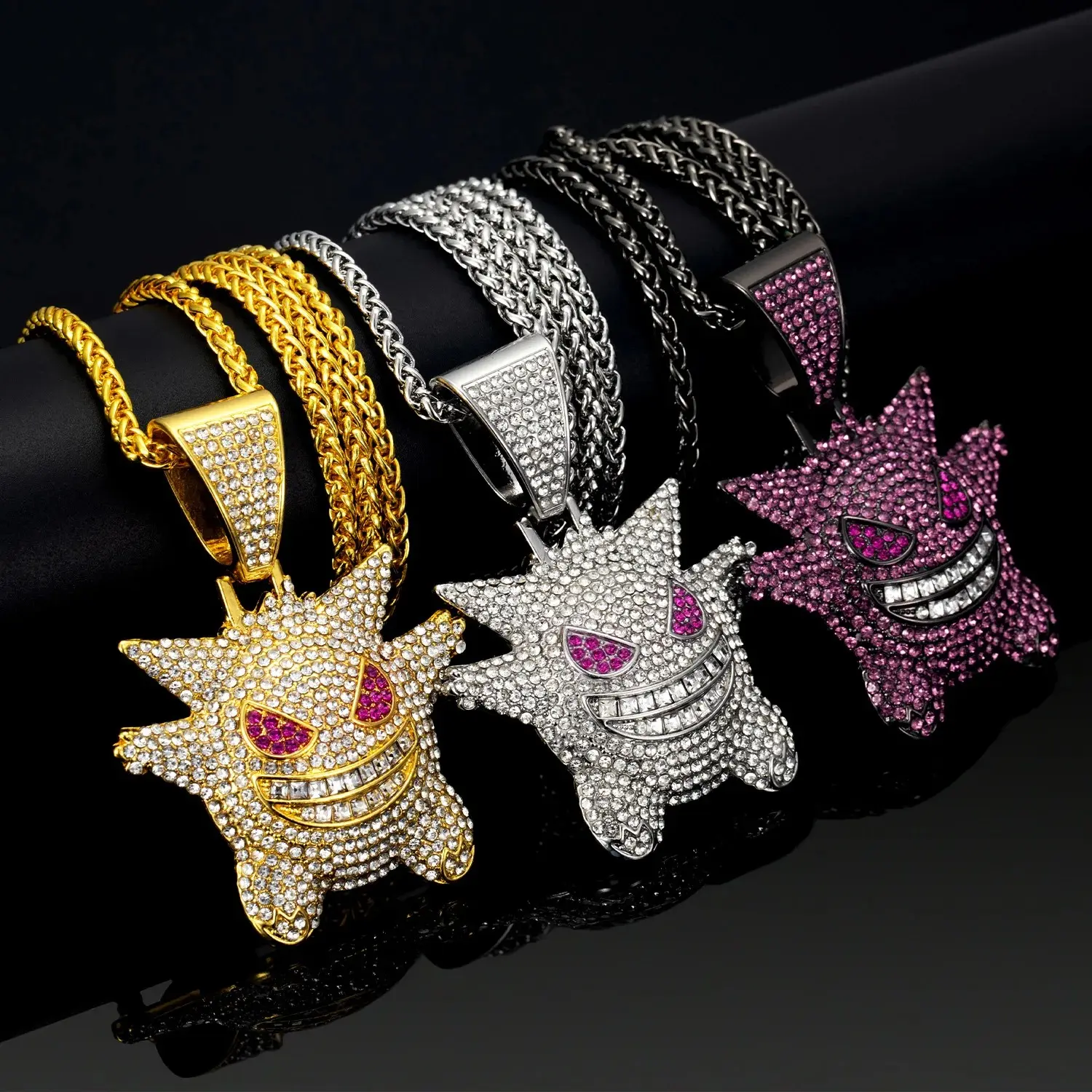 Hip Hop Alloy Full Rhinestone Gengar Pendant Necklace Exaggerated Cartoon Sweater Chain Personalized Fashion Jewelry Accessories