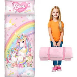 Toddler Nap Mat Kids Sleeping Bag 59‘’×24‘’, Soft Slumber Bag with Removable Pillow for Kids Girls Boys,Roll Up Sleeping Mat Lightweight for Camping,Daycare, Kindergarden