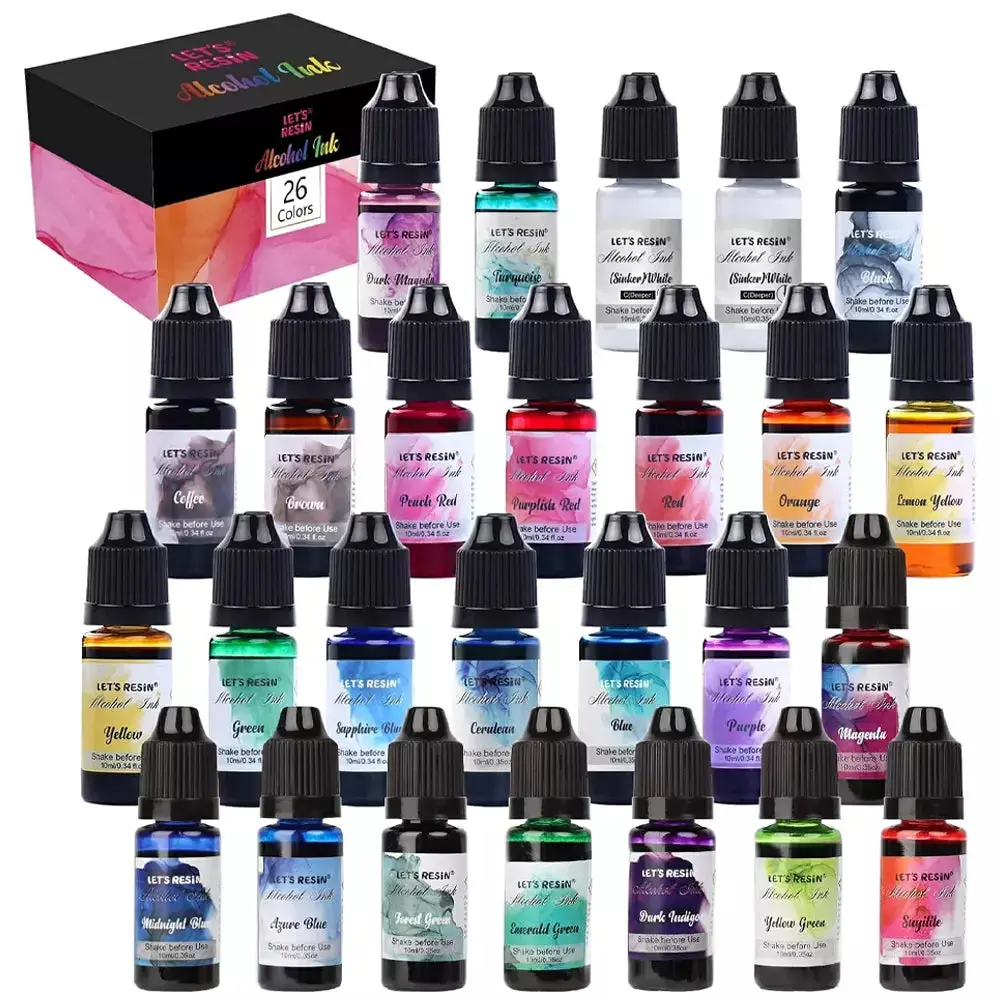 Alcohol Ink for Epoxy Resin LET'S RESIN Concentrated Alcohol Ink Set, 26 Vibrant Colors Alcohol-Based Resin Ink,Alcohol Paint Resin Dye for Resin Art, Tumblers, Resin Epoxy(Each 0.35oz)