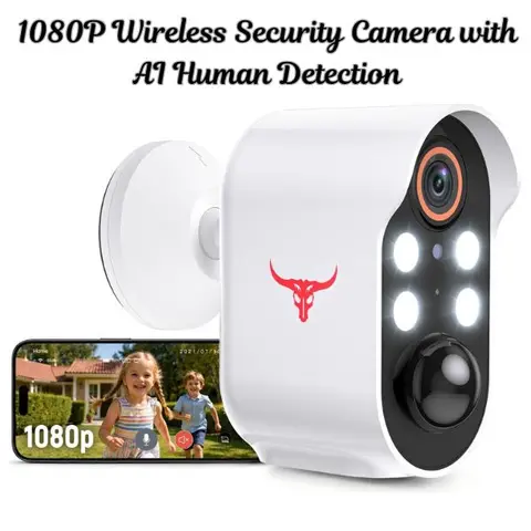 1080P Wireless Security Camera, AI Human Detection, Color Night Vision, 2-Way Audio, FHD Live View, Cloud Storage, Battery Powered, 2.4G WiFi, Indoor/Outdoor (04 Spotlights)