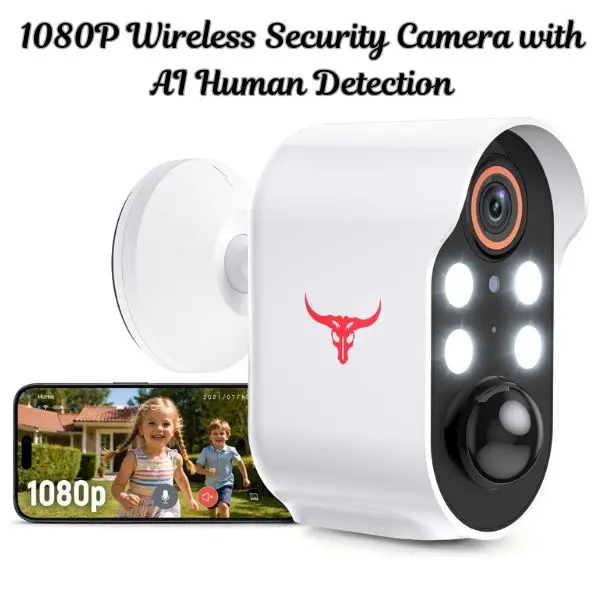 1080P Wireless Security Camera, AI Human Detection, Color Night Vision, 2-Way Audio, FHD Live View, Cloud Storage, Battery Powered, 2.4G WiFi, Indoor/Outdoor (04 Spotlights)