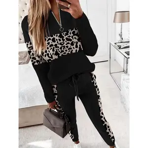 Women'sColorblockLeopardPrintZipperMockNeckSweatshirt&DrawstringWaistSweatpantsSet,CasualLongSleeveTop&PocketJoggerPantsForSpring&Fall