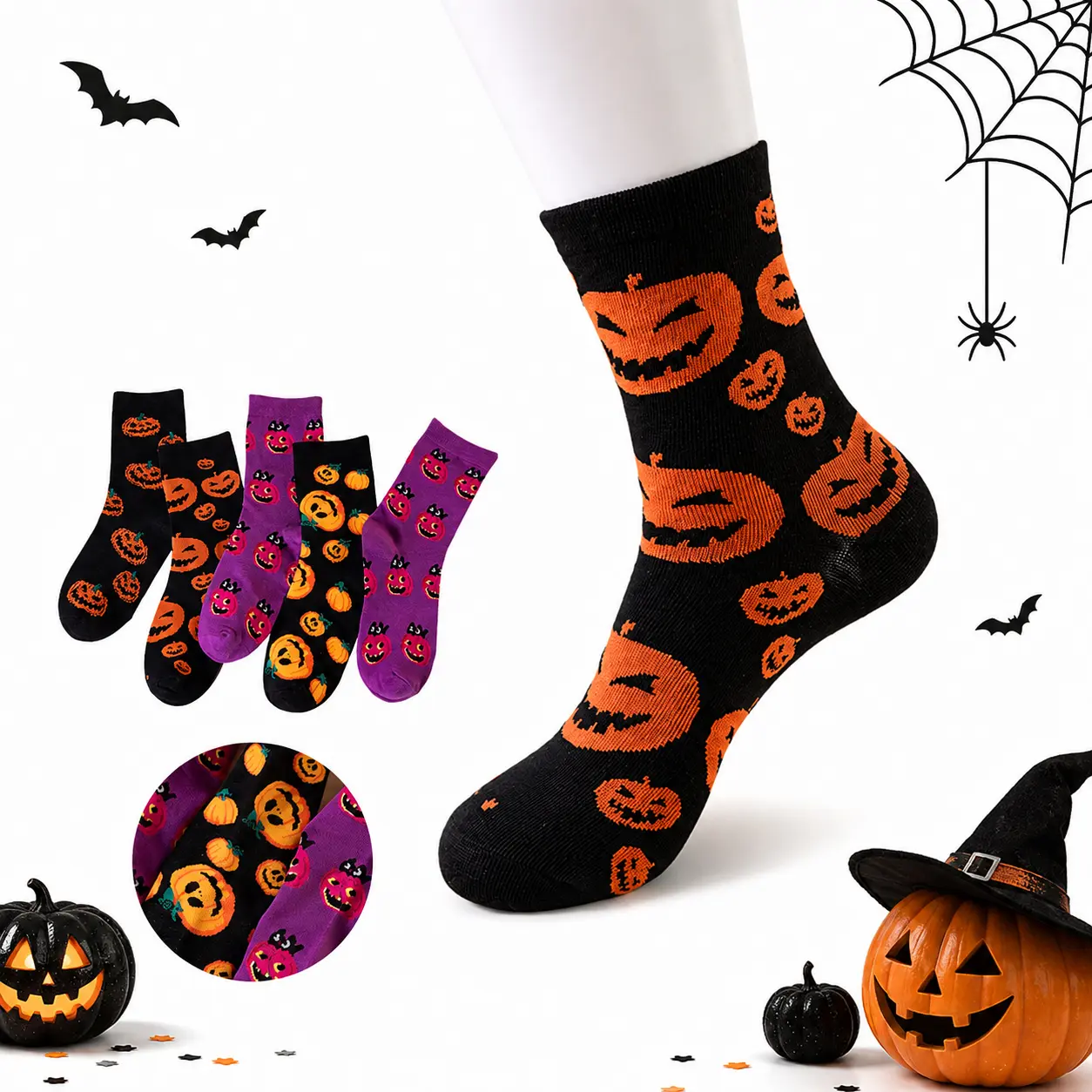 5 Pairs Halloween Pumpkin Socks - Black & Purple with Orange Jack-o'-Lanterns - Perfect for Festive Season - Comfortable & Fun