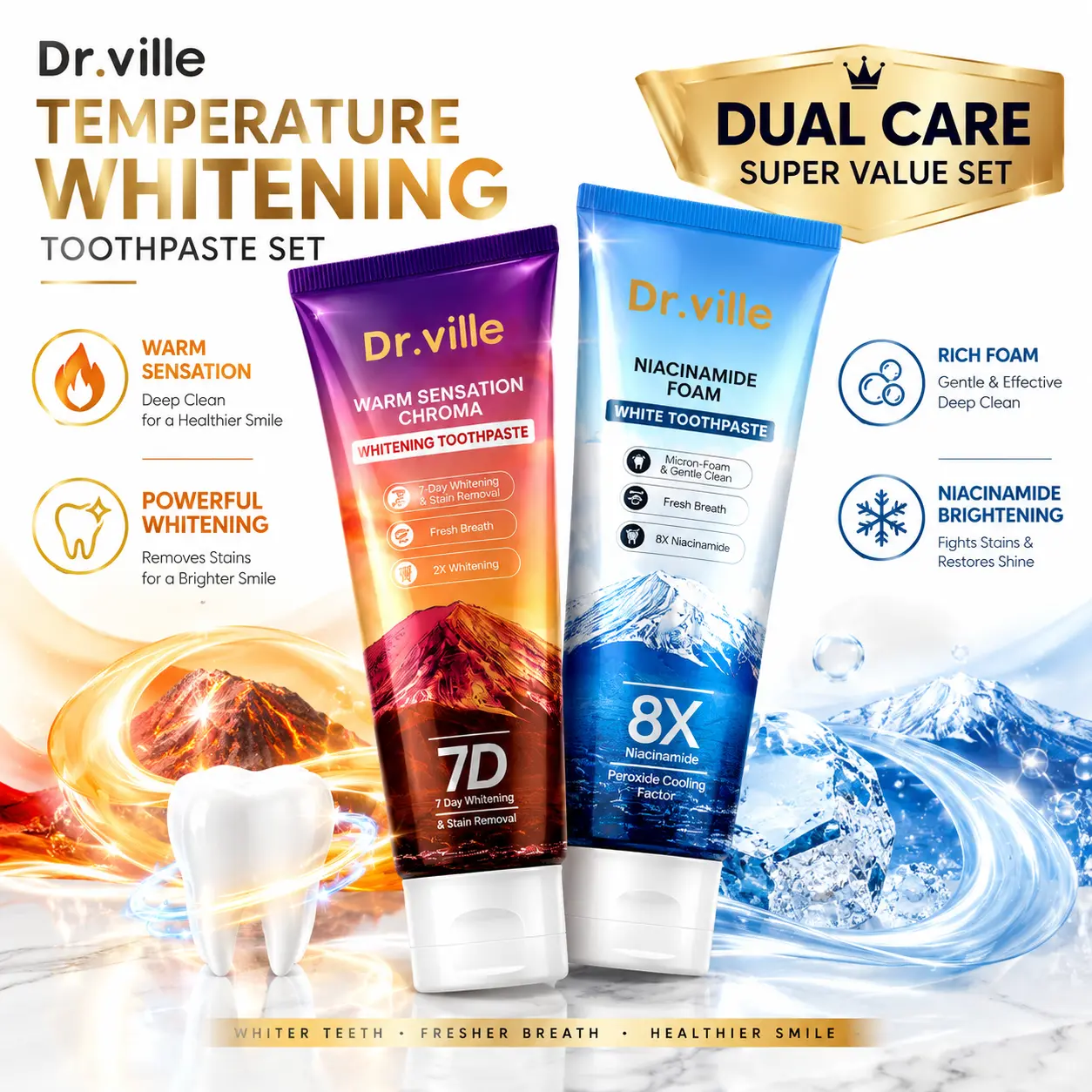 【Day & Night Oral Care Set】Dr.ville Advanced Teeth Whitening Products Duo - 8X Niacinamide Formula, Thermoactive Stain Removal Paste for Daily Use, Brightens Teeth, Fresh Breath, Mint Flavor-A