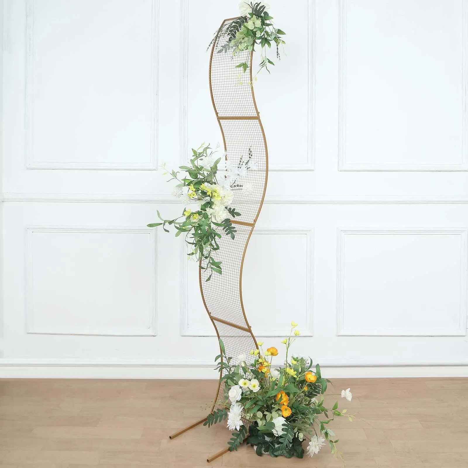 7ft Gold Metal Lattice Grid S-Shaped Wedding Arch - Aisle Display Decor, Wavy Flower Frame Backdrop Stand for Festive Events, Decoration