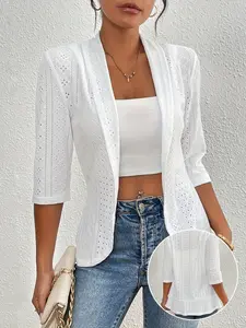 Women's Elegant Open Front Knit Sweater, Pure Half Sleeve Eyelet Embroidery, Lightweight Fabric, Spring Summer Fashion Outerwear, Lightweight Cardigan