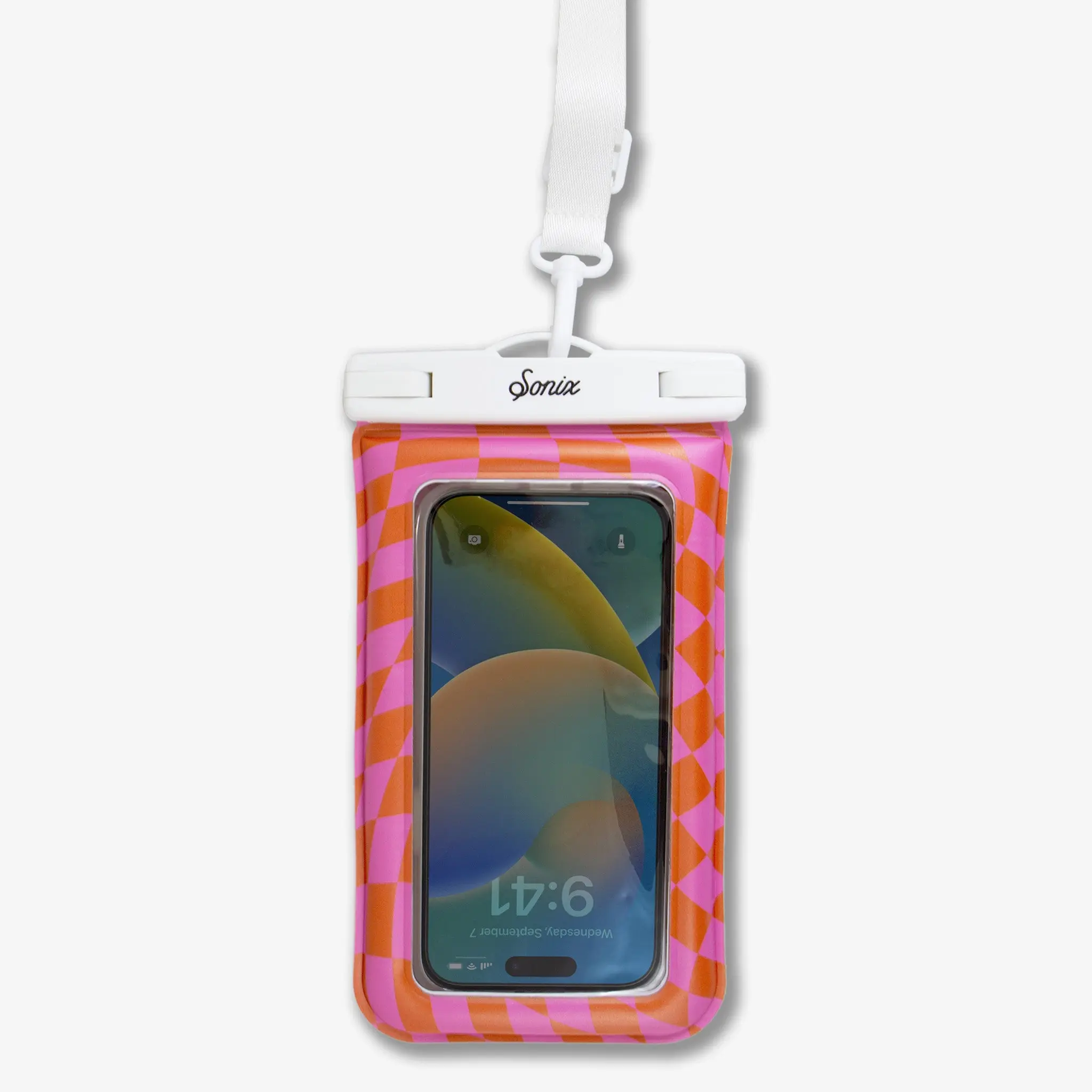 Waterproof Smartphone & Cellphone Pouch with Adjustable Lanyard, Crossbody Design - Checkmate Pink/Orange, Protection