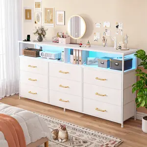 Raybee Furniture 65" TV Stand Dresser with 9 Fabric Drawers, Modern Chest with LED Lights & Built-in Charging Station, Long Storage Dresser with Wooden T