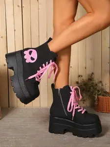 Women's Punk Style Chain Decor Platform Boots, Fashionable Houndstooth & Heart Decor Wedge Boots for Daily Wear, Y2K Style Boots for Party, Daily Clothing Decor