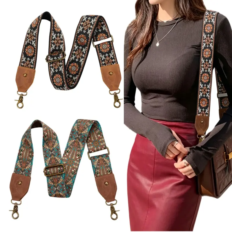 2-Pack Adjustable Bag Straps, 2" Wide Bohemian Jacquard with Cowhide Leather Ends, Comfortable Replacement for Crossbody, Purse & Gym Bags, Crossbody Bag, Retro
