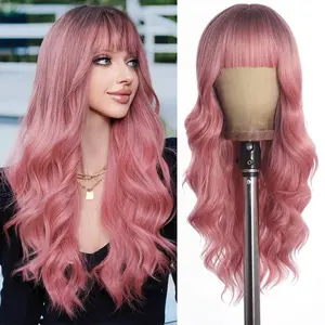 Pink Wig with Bangs Long curly wavy Wig for Women Powder wig with Natural Black root skin-friendly synthetic fibersc for festival holiday Use 26IN