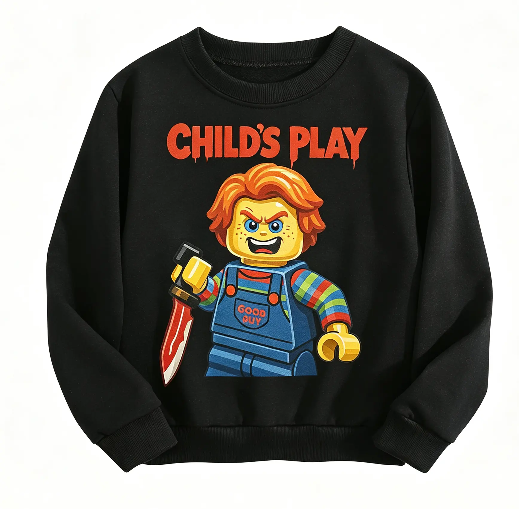 Boys Scary Doll Graphic Crew Neck Sweatshirt, Child’s Play Letter Print Long Sleeve Pullover, Horror Cartoon Kids Fashion Top