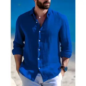Menswear Blue Linen Shirt with Turn Down Collar Design Fitted Long Sleeve Casual Top for Beach Vacations & Daily Leisure Machine Washable daily wear longsleeves Breathable Elegant Stylish Suits Beige Plain