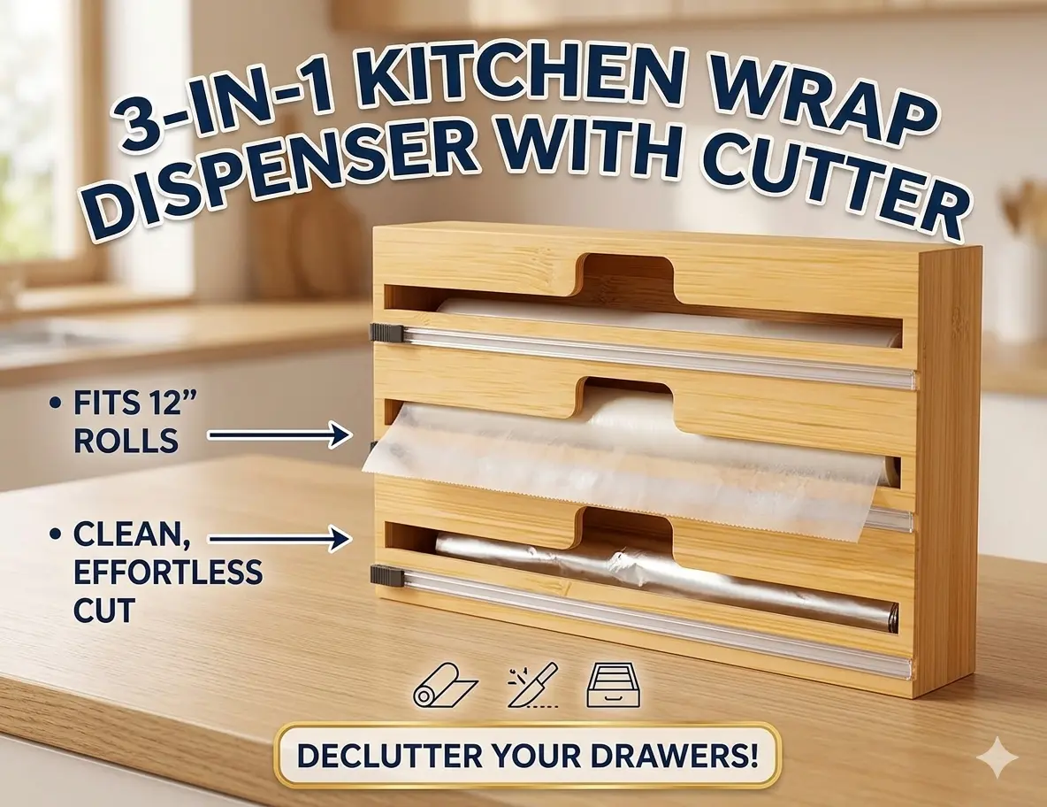 Bamboo Wrap Dispenser with Slide Cutter and Labels, 3-in-1 Foil Organizer for 12" Rolls