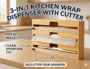 Bamboo Wrap Dispenser with Slide Cutter and Labels, 3-in-1 Foil Organizer for 12" Rolls