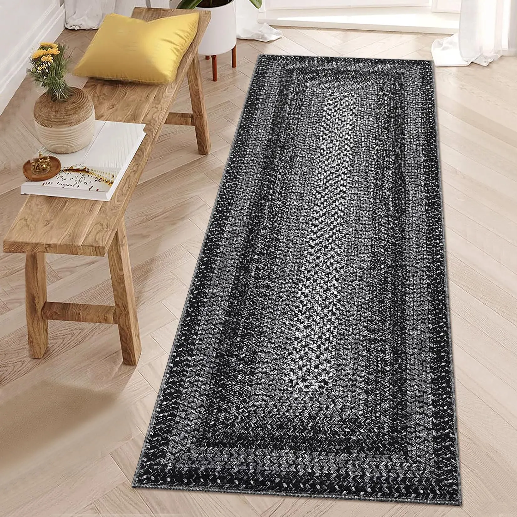 GARVEE Washable Runner Rug 2x10 Hallway Runners Braided Print Entryway Rugs Non-Slip Kitchen Rug Runner Ultra-Thin Low Pile Farmhouse Floor Mat for Bedroom Bedside Laundry Boho Accent Carpet Charcoal