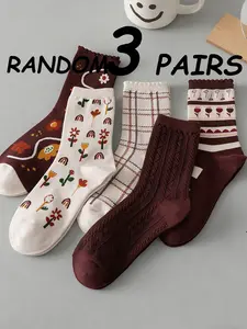 Random 3 Pairs Vintage Caramel Color Mid-Calf Socks, Comfortable and Stylish Footwear, Perfect for Daily Wear and Casual