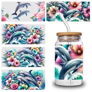 5 Sheets Dolphin Floral UV DTF Stickers UV DTF Transfer Stickers for Glass Cups Waterproof Rub on Transfers DIY Water Bottle Glass UV DTF Stickers Waterproof Decals