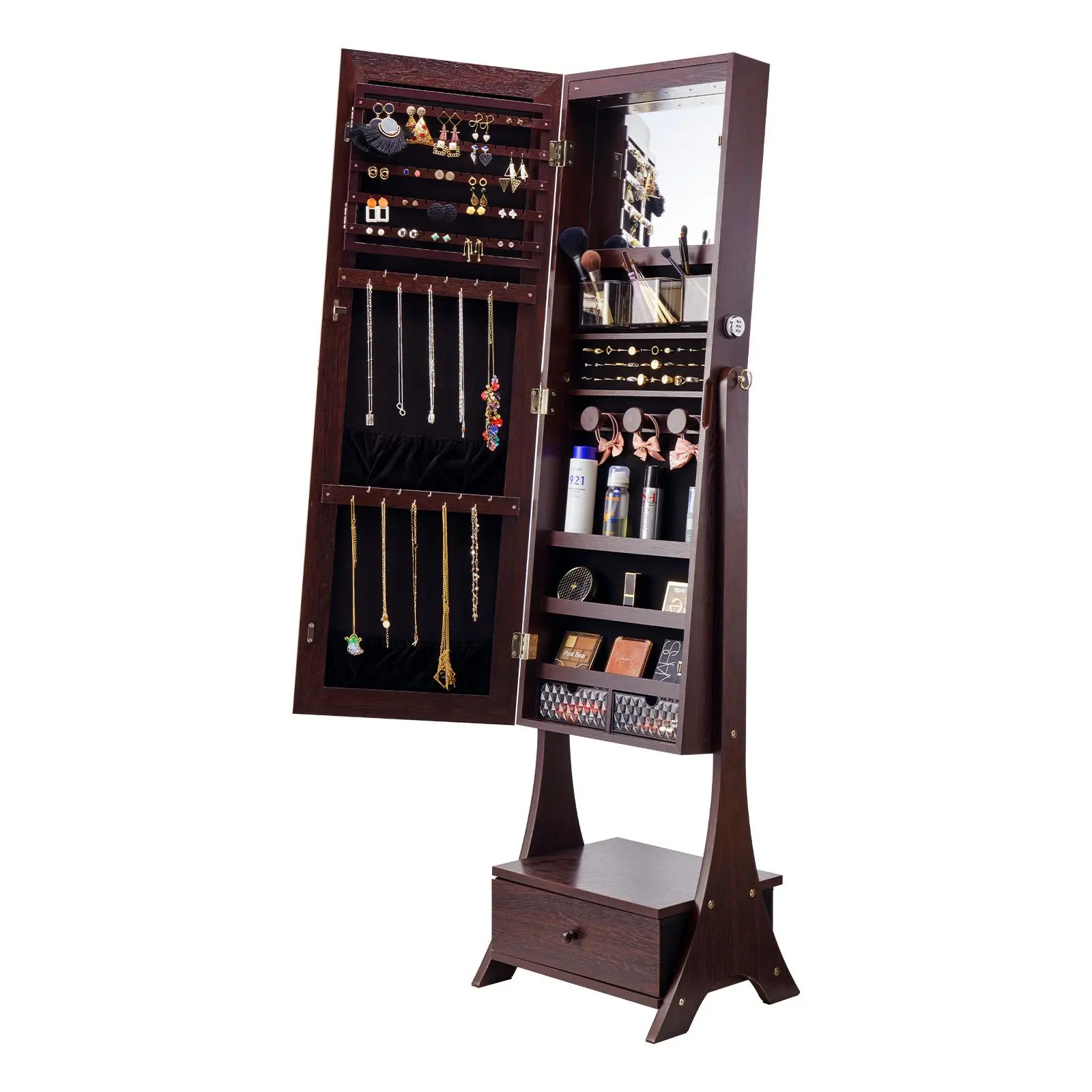 【summerfinds】VEVOR Mirror Jewelry Cabinet, Standing Mirror with Storage, Lockable Jewelry Mirror Organizer with Full Length Mirror, Velvet Lining, Interior LED Light, Drawer, Freestanding Jewelry Armoire, Brown