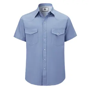 COEVALS CLUB Men's Denim Western Cowboy Pearl Snap Casual Button Down Up Dress Light Weight Short Sleeve Soild Work Shirts  Classic Cotton Father Loose Menswear Soft Top Biker
