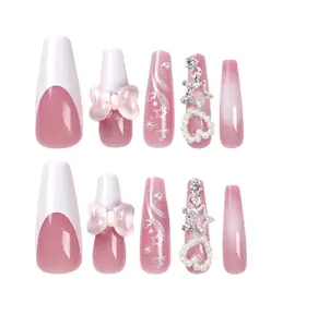 24 Pcs Long Square Press On Nails | Bear Bowknot Design Fake Nail Tips for Women & Girls