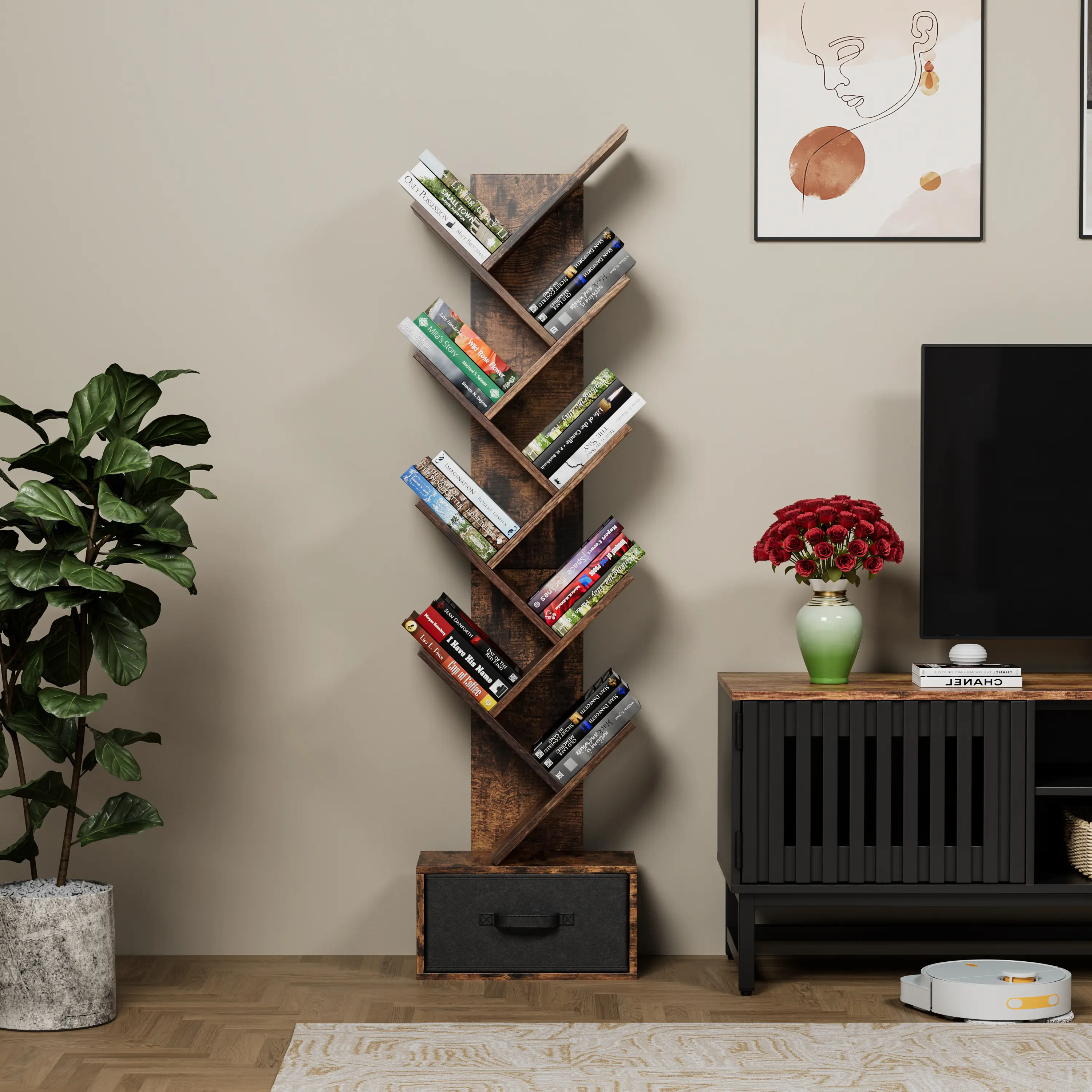 9 Tier Tree Bookshelf with Bottom Drawer, Freestanding Vertical Tree Shaped Bookcase, Anti-Tip Safe Design for Kids Pets, Space Saving Tall Display Shelf Holds Books Decor Shoes, Easy Assembly Utility Book Storage for Living Room Bedroom Study Office