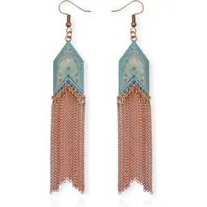 Fall Vintage Country Western Jewelry for Women: Dangle Boho Turquoise & Bronze Patina Earrings with Long Copper Tassel Chains| Fall Dangle Earring Set, Cowboy Chic Style Geometric Concert Festival Accessories